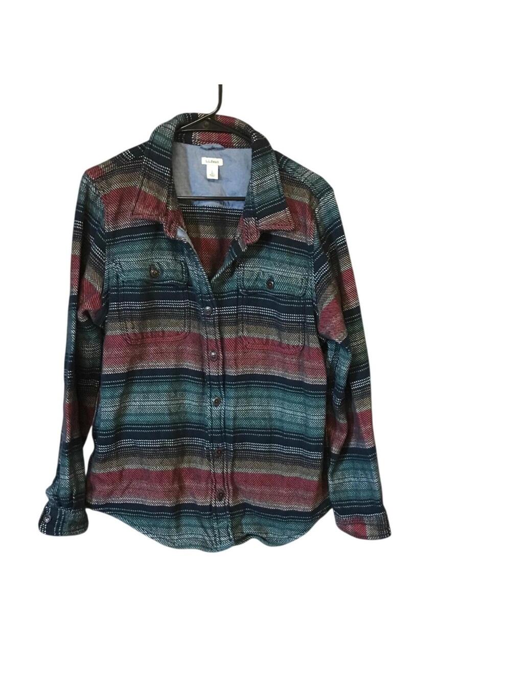 L.L. Bean blanket shirt jacket women L green blue striped button up Shacket